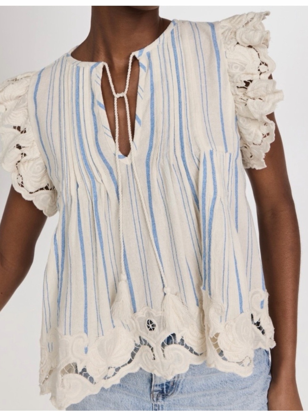 Sea NY Striped Ivory and Blue Lace-Trim Peasant Top